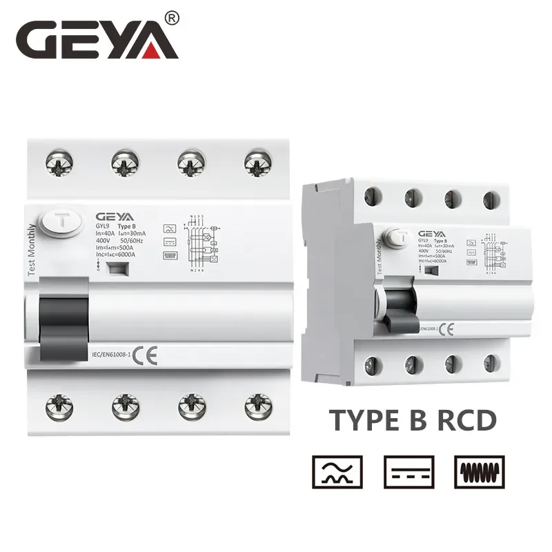 GEYA GYL9 Type B RCD Din Rail Earth Leakage Current breaker DC RCCB RCD 2P 4P 63A 30mA 100mA 300mA 6KA IEC62423