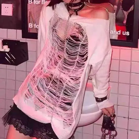 Girl Harajuku Spicy Y2k Millennium Punk Subculture Hollow Tear Off One Collar Off Shoulder Sweater Knitted Sweater
