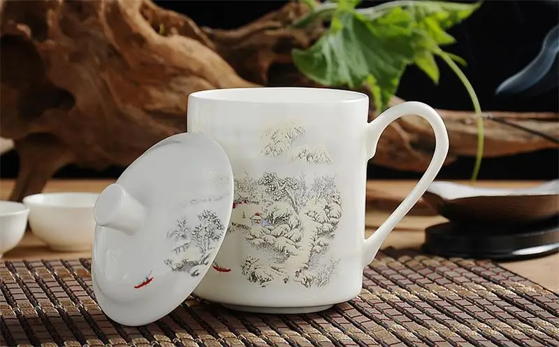 

550ML Chinoiserie River and Mountain Painting, Real Bone China Tea Cup, Vintage Mug Tumbler, Ceramic Classic Bottle. with Cover
