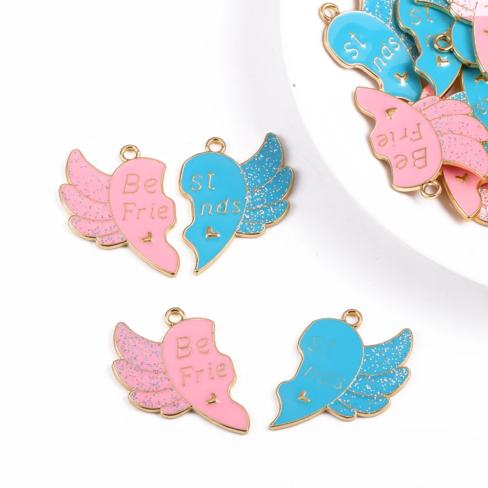 2Pairs/Lot Alloy Enamel Blue Pink Flying Wings Heart Couple Charms For DIY Jewelry Making Best Friends Broken Heart Pendants