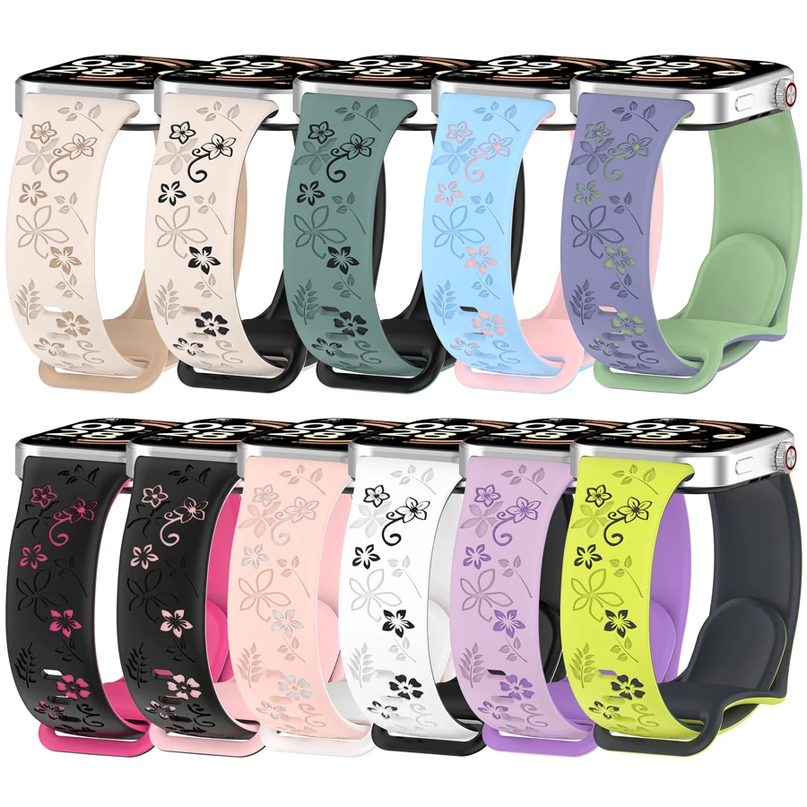 2-Colors Carved Flowers Strap For Redmi Watch 4/5/6 Smartwatch Band Soft Strap For Xiaomi Mi Band 8/9/10 Pro Band Bracelet