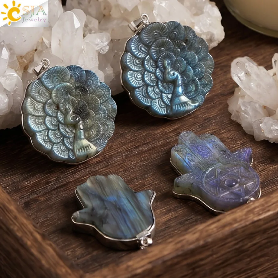 CSJA Pfau-Labradorit-Anhänger Kristall-Halskette Energie-Charm Naturstein Handgefertigte Schnitzerei-Halsketten Schmuck Geschenk H896