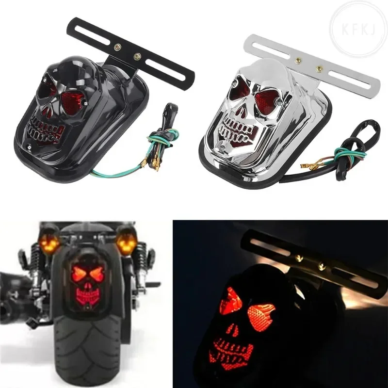 

Motorbike Tail Light Black Skull Motorcycle Rear Light Motos Turn Signal Brake Lamp License Plate For Suzuki Chopper Cafe Racer