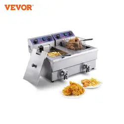 VEVOR Freidora Eléctrica Comercial 2 Tanques 12L 6000W Freidora de Aceite de Acero Inoxidable con 2 Cestas para Freír Temperatura y Tiempo Ajustables 50-200°C para Aros de Cebolla Pollo Patatas Fritas