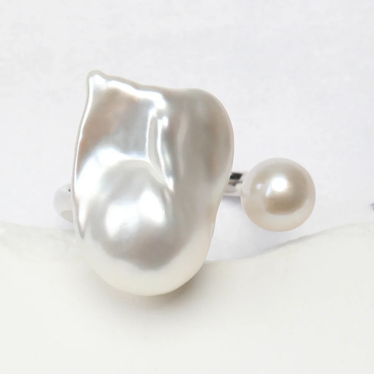 Aurora Bright White Natural Irregular Shaped Baroque Freshwater Akoya Double Pearl Ring S925 Sterling Silver Adjustable Opening