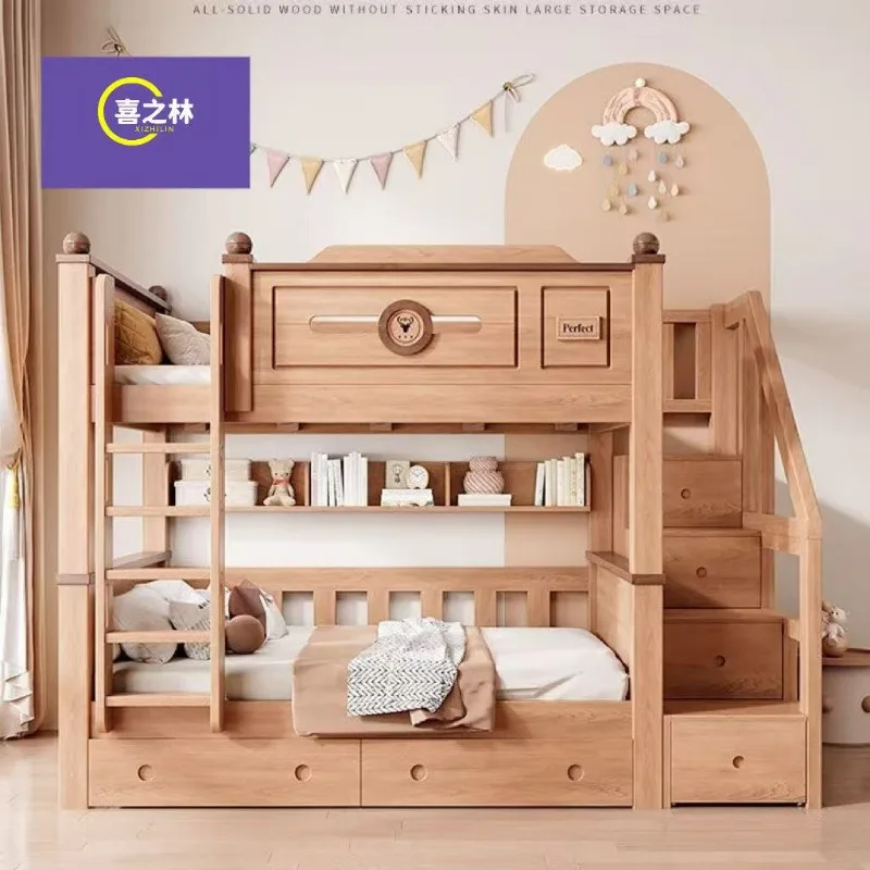 High and low bed Liriodendron double-layer children's room solid wood mother and child bed
