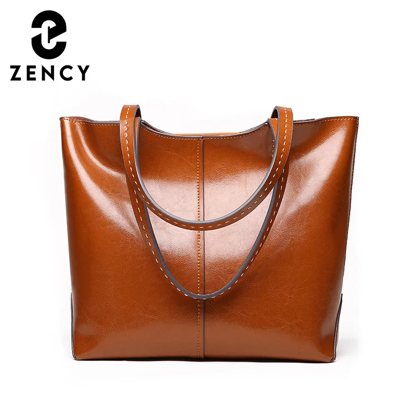 Zency Soft Cowhide Leather Fashion Women Shoulder Bag Retro Brown Tote Handbag Large Capacity Lady Shopping Bag Black Grey