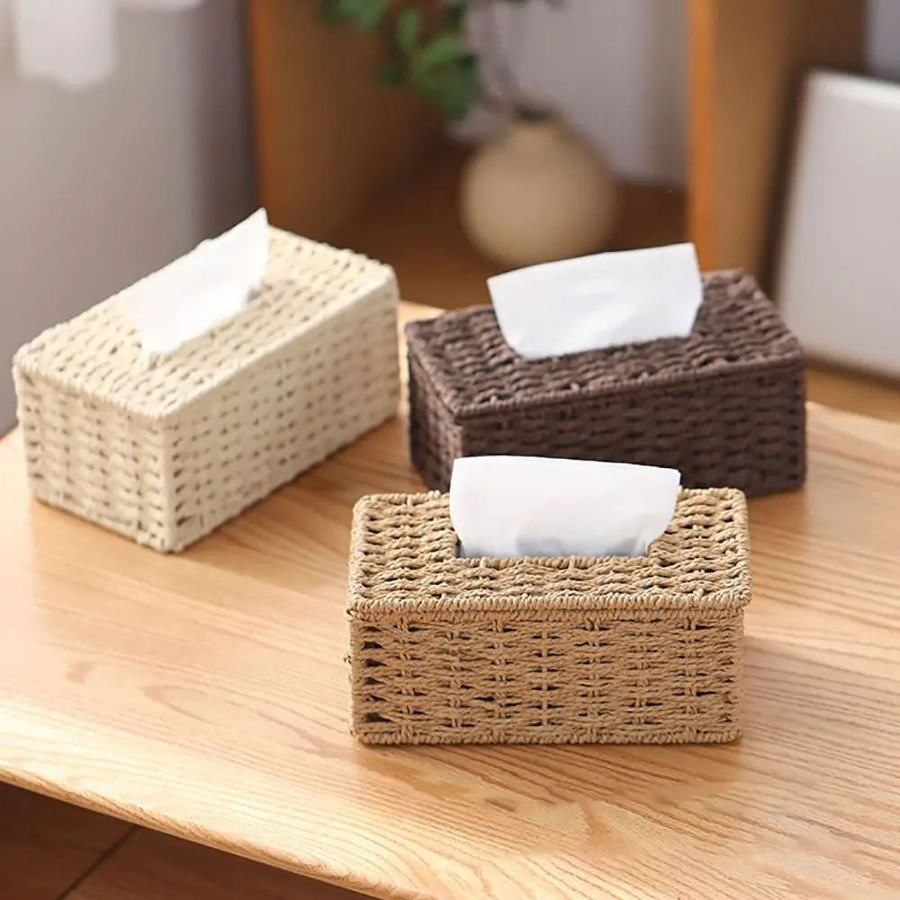 Fashion Imitation Rattan Woven Tissue Box Large Capacity Vintage Napkin Holder Paper Towel Box Living Room