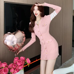 2024 fall and winter commuter casual small perfume style knitted dress long-sleeved waist thin package hip inner short skirt