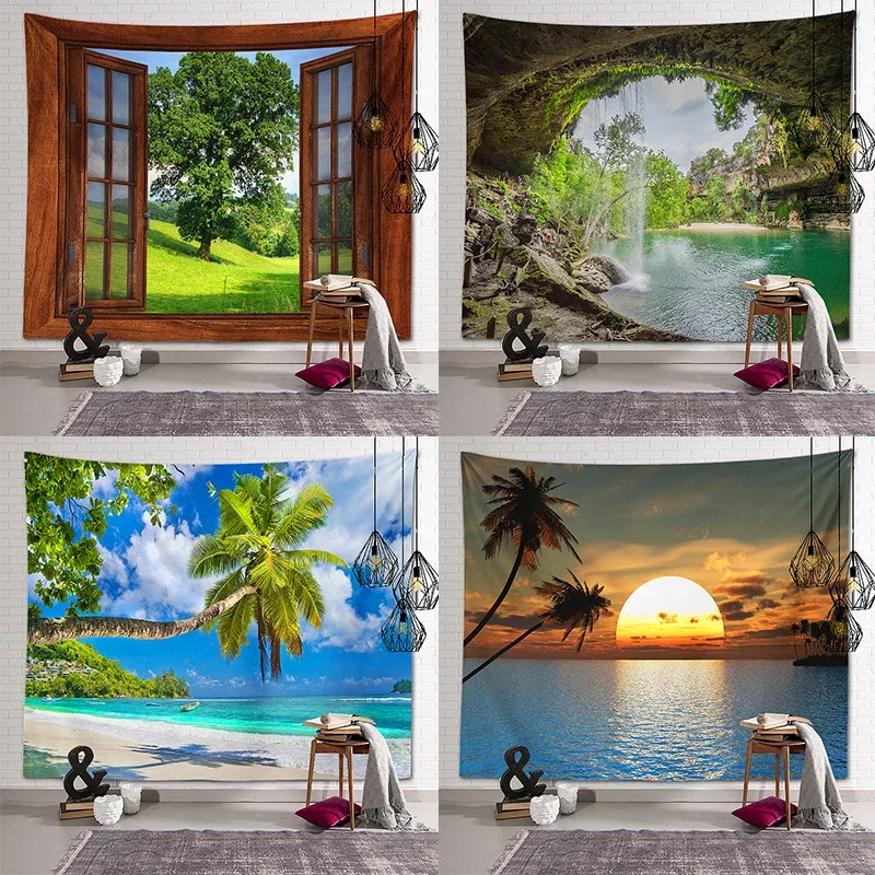 New Landscape Tapestry Tree Hole Window Beautiful Wall Cloth Green Forest  Background Painting