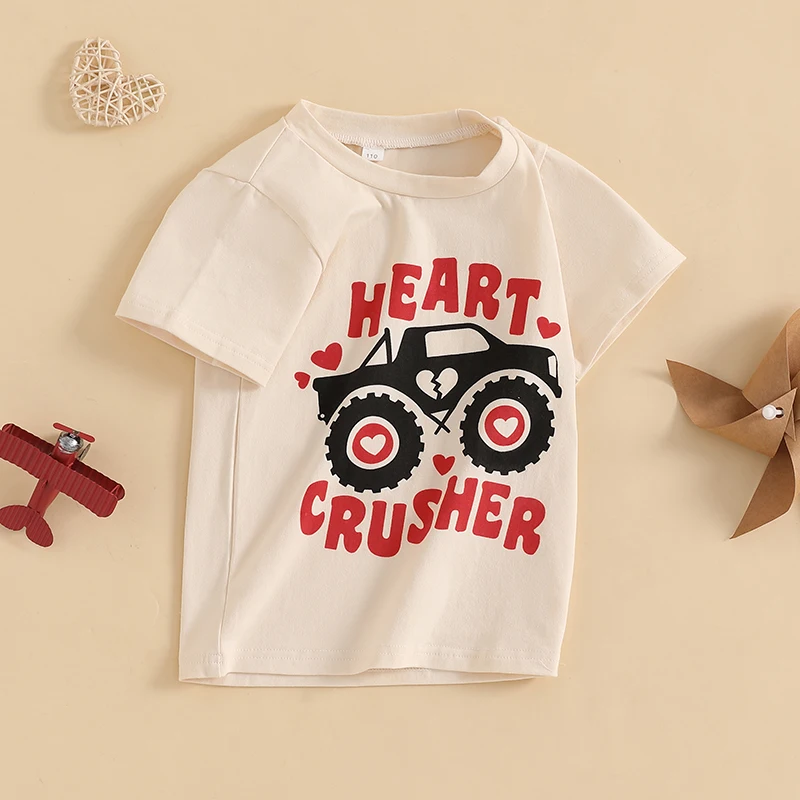 Toddler Boy Valentine s Day T-Shirt Letter Truck Print Short Sleeve Round Neck Graphic Tops