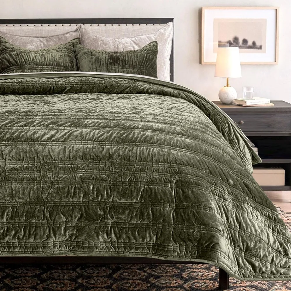 Velvet Quilted Bedspread Set, King Size, Ultra Soft Lightweight Comforter, Quilted Bedding