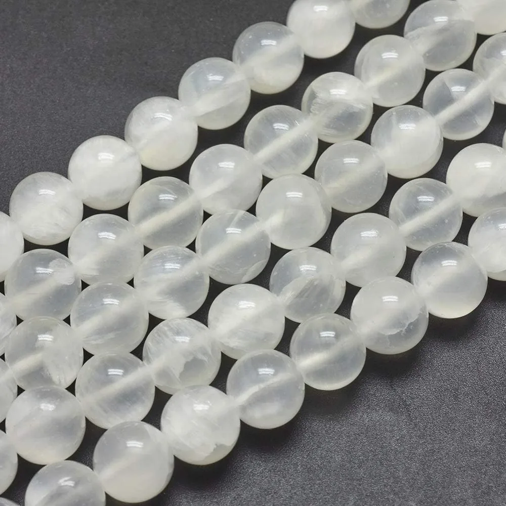 12mm Natural Selenite Beads Stands Round Loose Beads for Jewelry Making, 1Strand 15.7inch, White