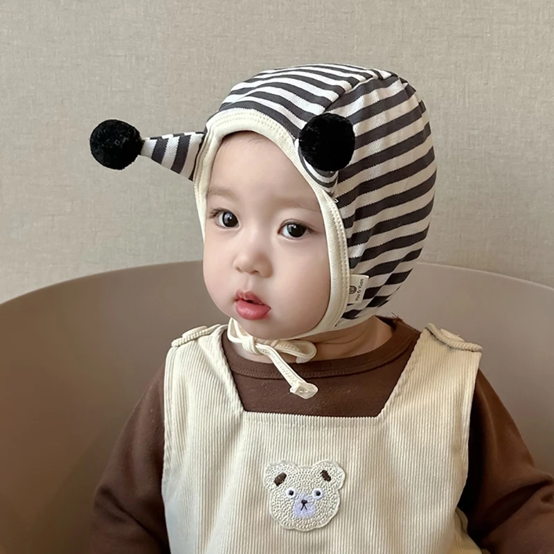 

Baby Striped Hat Stylish and Warm Infant Ear Protections Bonnet Cap Chin Strap Designed Hats with Antenna Alike Ears