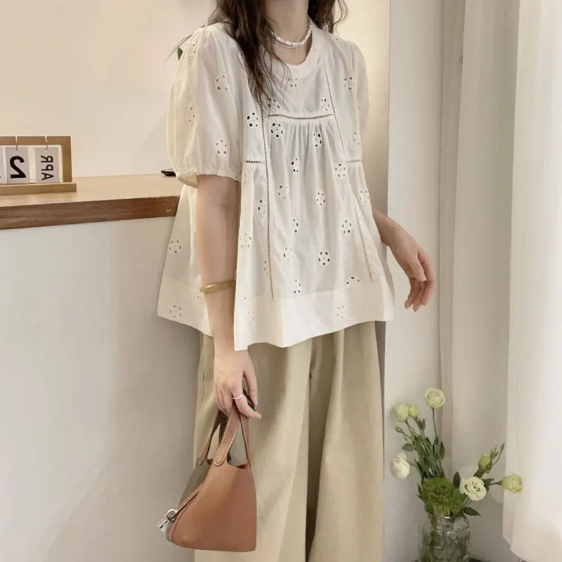 Basic Solid Color Korean Shirt Stylish Hollow Out Summer Casual Round Neck Female Clothing Loose Short Sleeve Vintage Blouse New