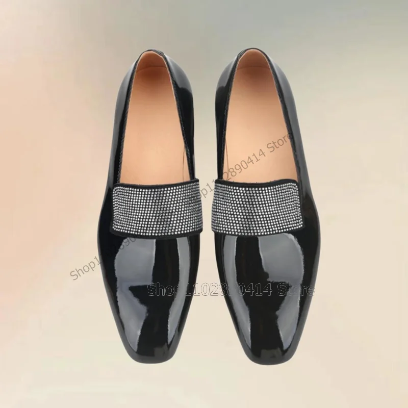 Crystal Decor Black Patent Leather Square Toe Loafers Fashion Slip On Men Shoes Luxurious Handmade Party Office Men Dress Shoes