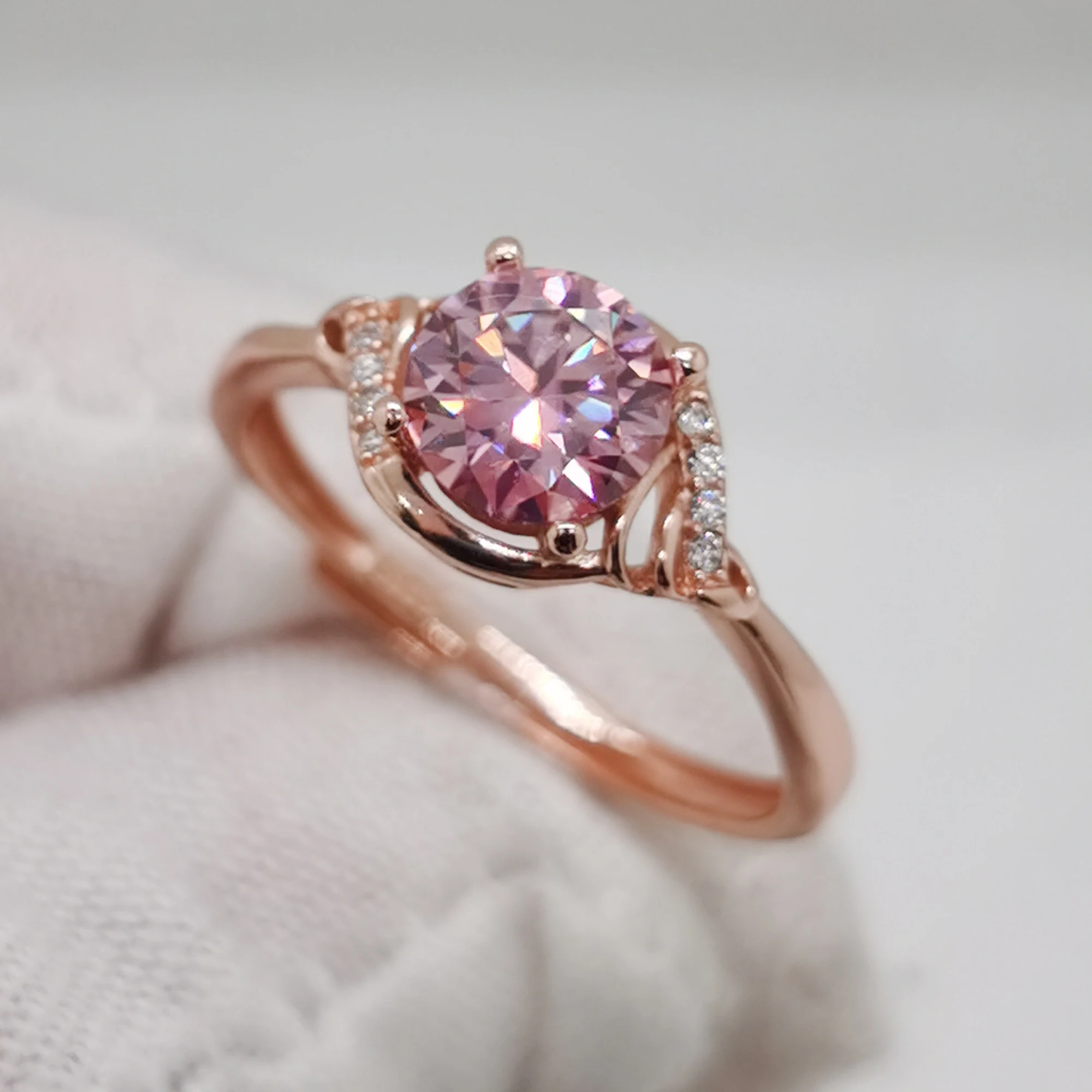 VVS Grade Pink Moissanite Wedding Ring 6.5mm 1ct VVS Grade Pink Moissanite Ring Gold Plating 925 Silver Gemstone Jewelry