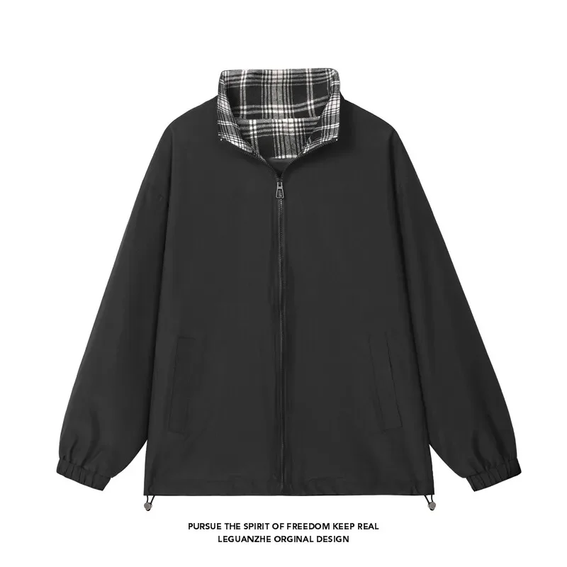 Men Stand Collar Zip Up Jacket Plaid Liner Elastic Cuff Drawstring Hem Loose Fit Windproof Fabric Casual Outdoor Daily Coat Top