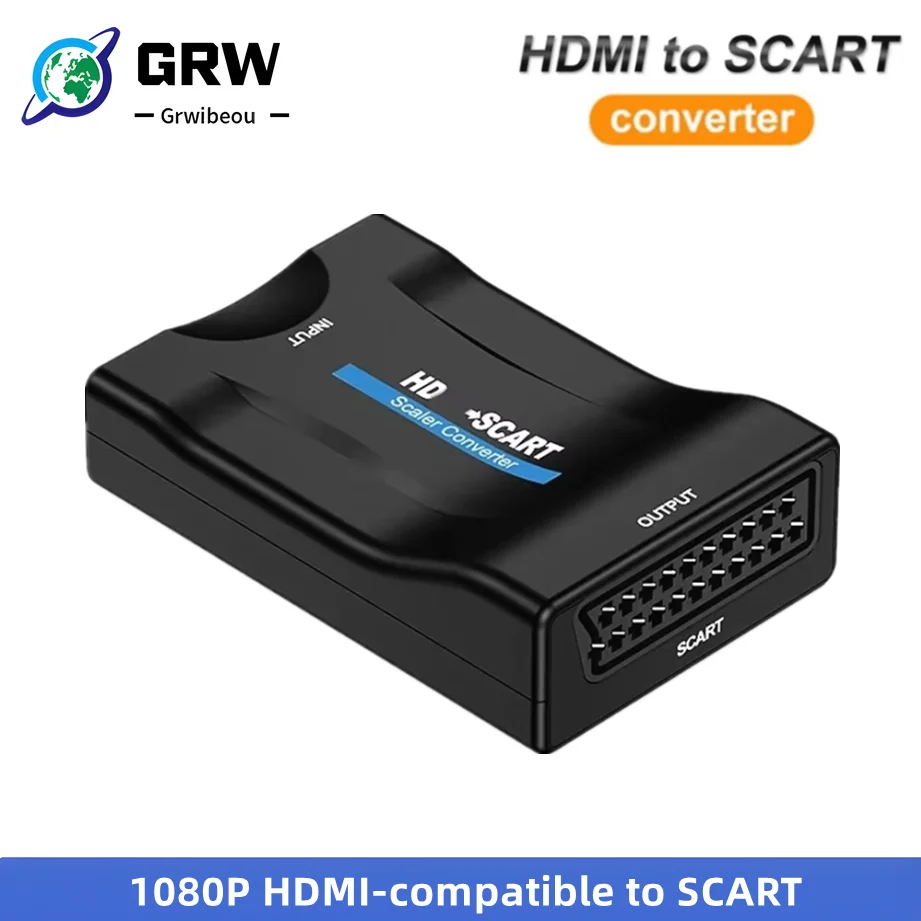 1080P HDMI-compatible to SCART Video Audio Upscale Converter Adapter Signal Adapter with USB Cable for HDTV Sky Box STB DVD