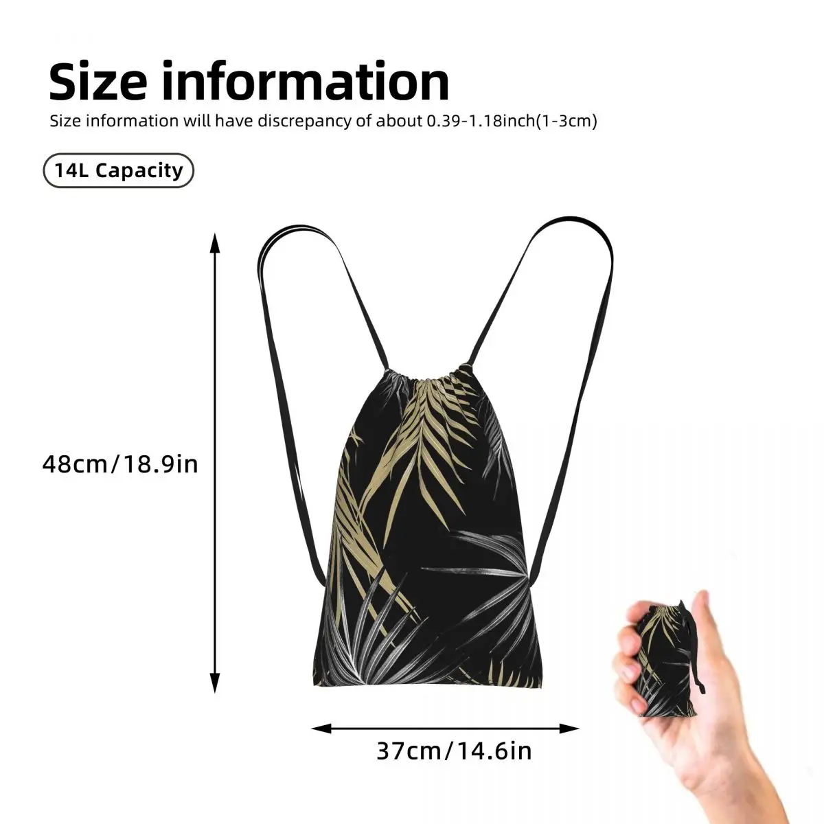 Gold Gray Palm Leaves Dream Drawstring Backpack hiking cycling Bag Lightweight Foldable Storage Drawstring Bag for Men Women