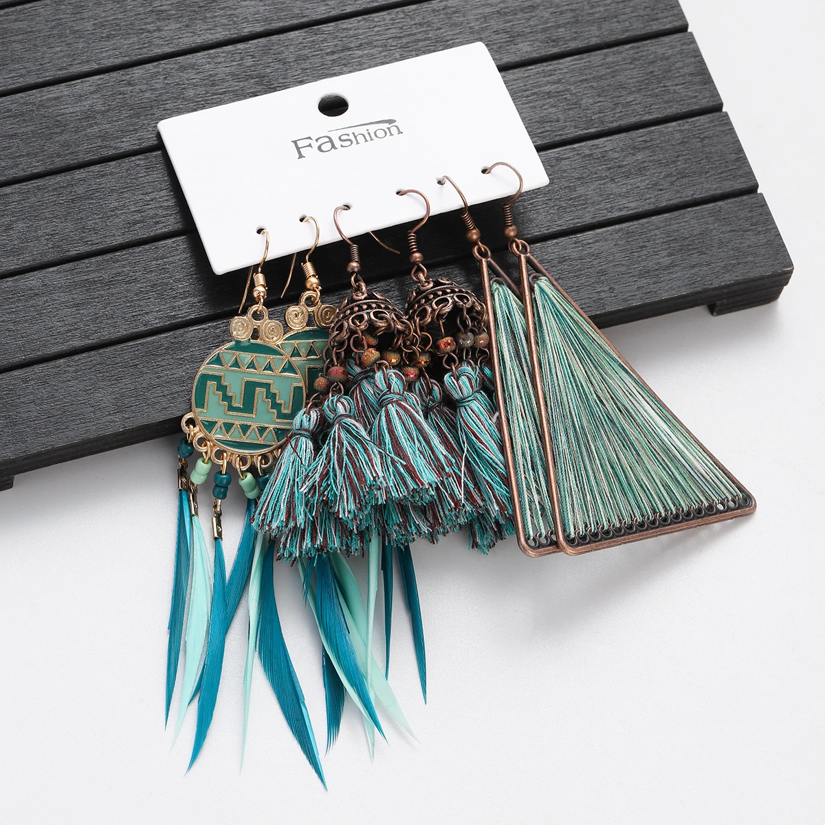 Boho Green Feather Tassel Earring Set Women's Vintage Geometric Pattern Big Statement Earrings 2023 Summer Brincos Jewelry Gifts