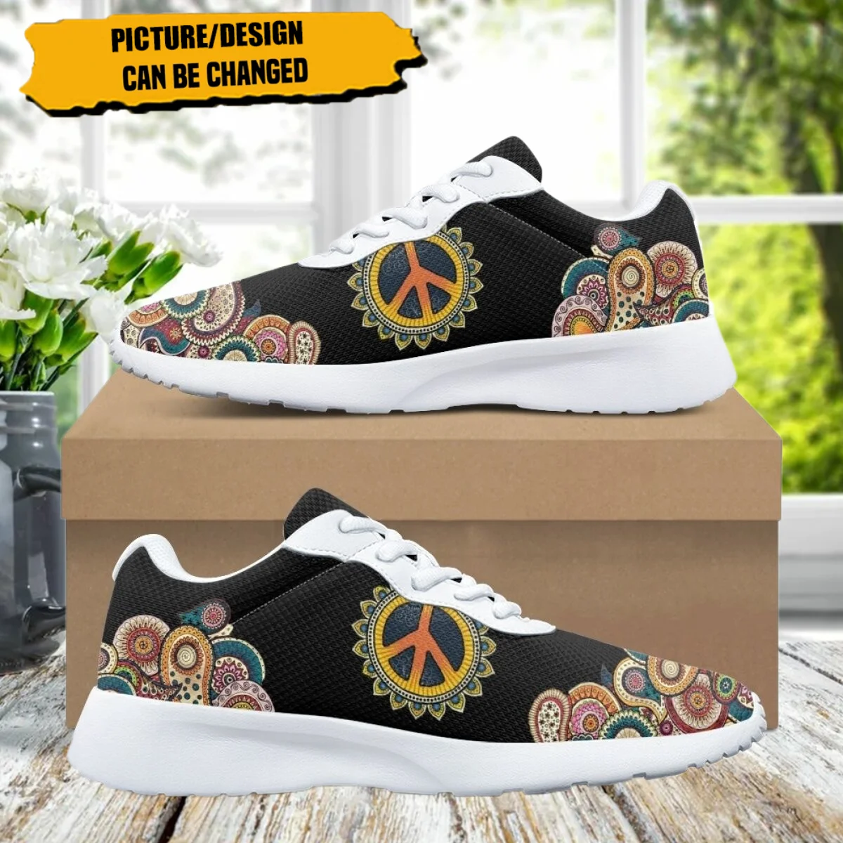 Fashion Peace & Love Mandala Pattern Sneaker Women Flats Brand Designer Unisex Breathable Running Shoes for Outdoor Gym Athletic