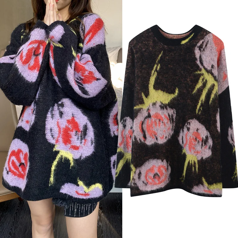 

Autumn Winter New Languid Vintage Rose Flowers Jacquard Mohair Sweater Medium Long Knit Pullover Knitted Top For Women