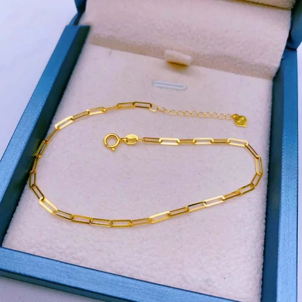 Real Pure 18K Yellow Gold Chain Women Lucky Long Square Cable O Link Bracelet