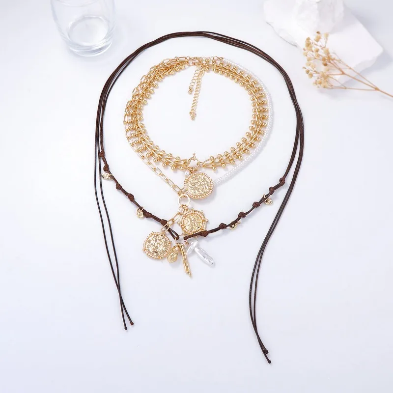 

Casual Retro Personality Trend Light Luxury Geometric Badge Imitation Pearl Pendant Women's Multi-layer Necklace