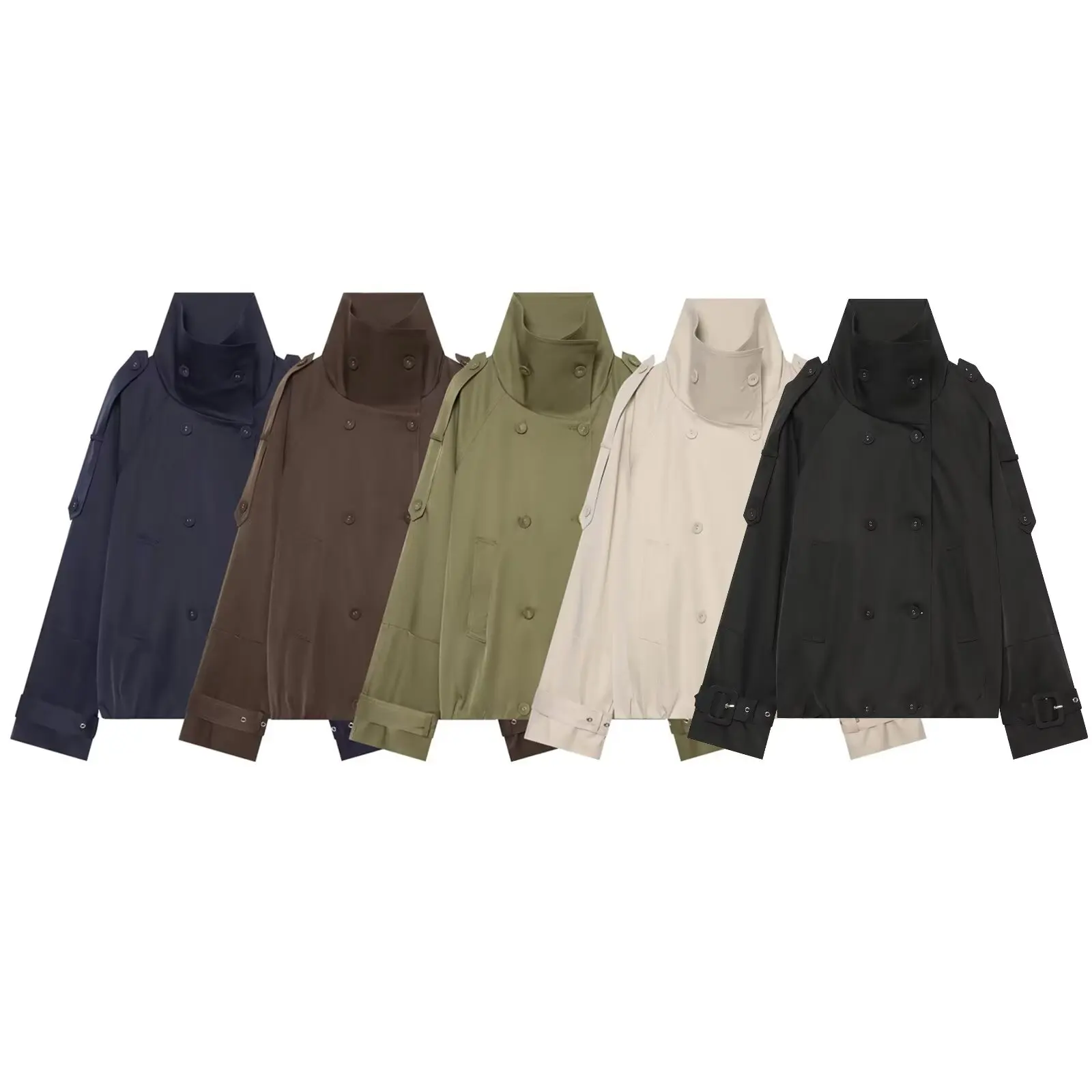 DUOPERI Women Multi-color Double Breasted Cropped Trench Coat Stand Collar Long Sleeve Female Chic Lady Casual Outerwear