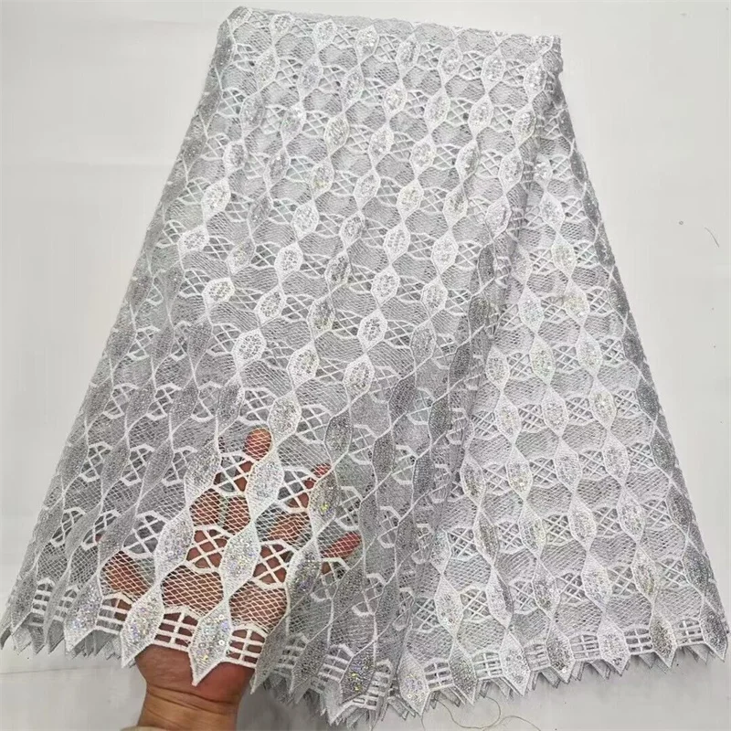 

African Guipure Cord Lace Fabrics 2024 White Latest Nigerian Water Soluble Cord Lace with Sequins for Women Evening Party Dress