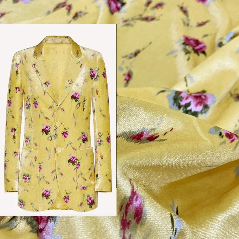 Italian Fashion Brand Velour Printed Fabric Yellow Flower Custom Diy Clothing Design Cloth for Dress Sewing Material Per Meter