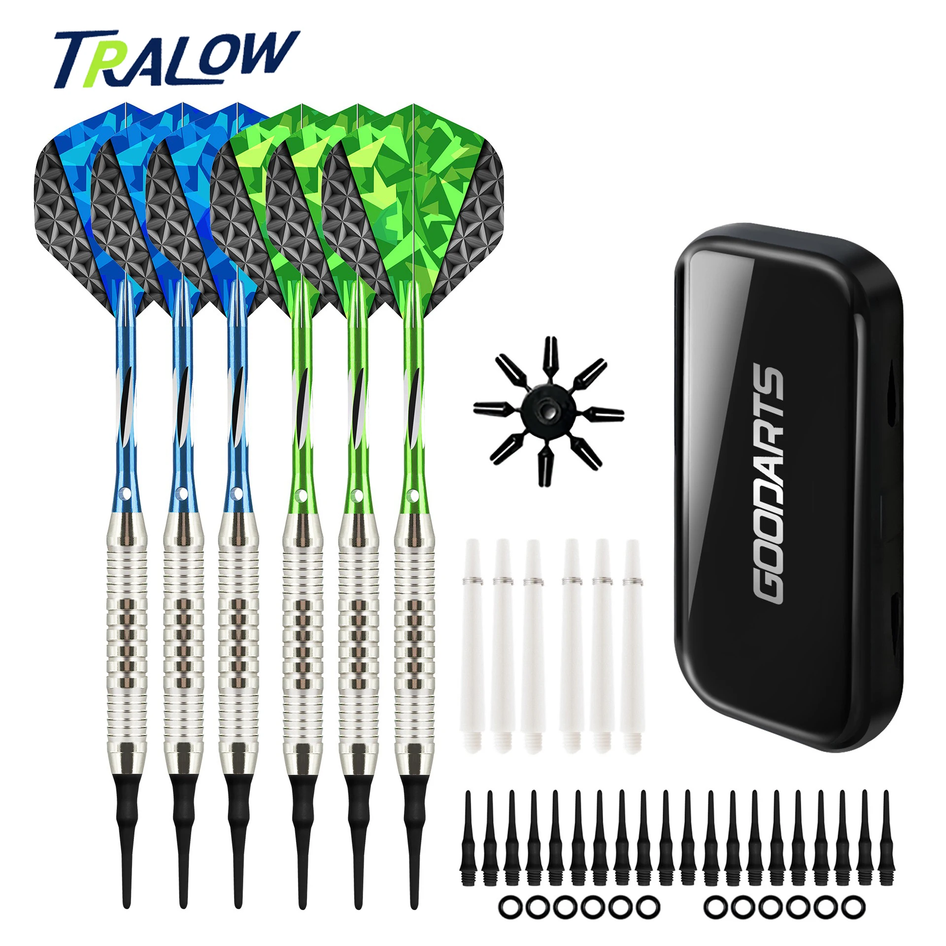 

TRALOW Soft Tip Dart Set for Electronic Dartboards,with Brass Rods Aluminum Shafts,6 Dart Flights,6 Spare Shafts,20 Soft Tips