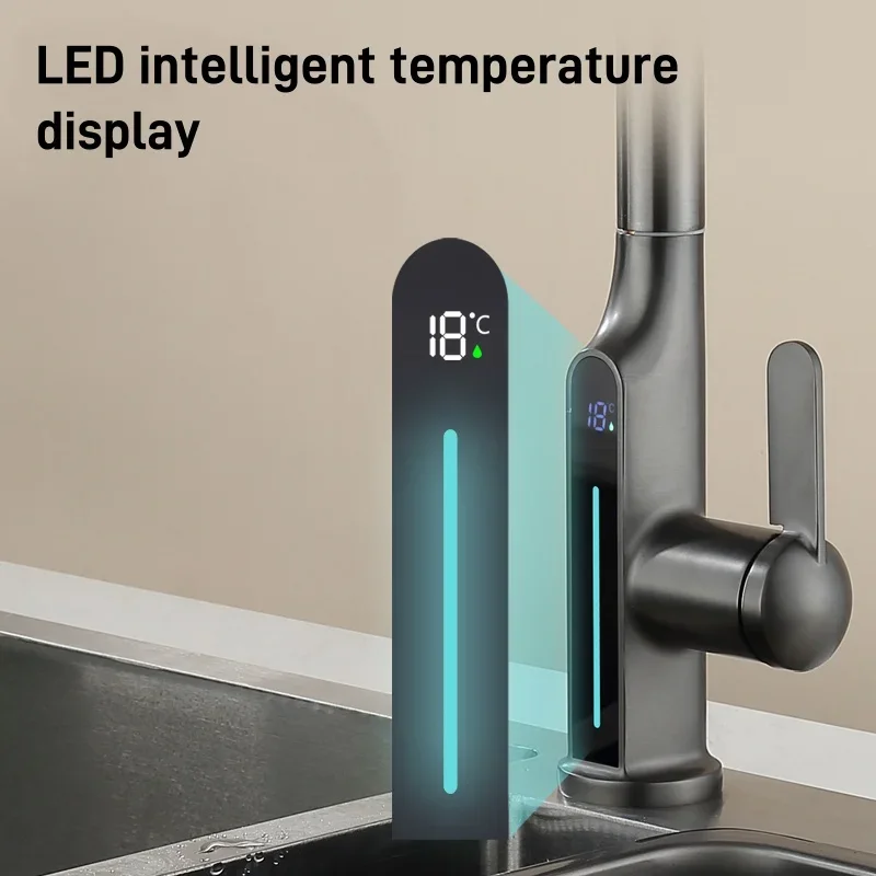 LED Intelligent Temperature Display Kitchen Faucet Hot and Cold Water Outlet Kitchen Sink Faucet Pull Type Sink Faucet Tap