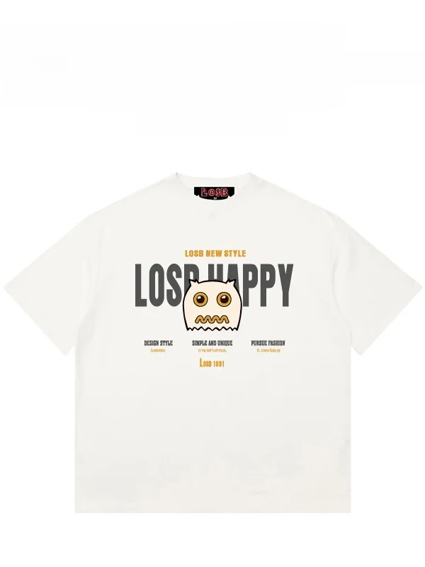 Camiseta de algodón de manga corta con estampado de grafiti blanca de moda Losb para hombre, top de verano de peso pesado con hombros caídos y media manga para parejas