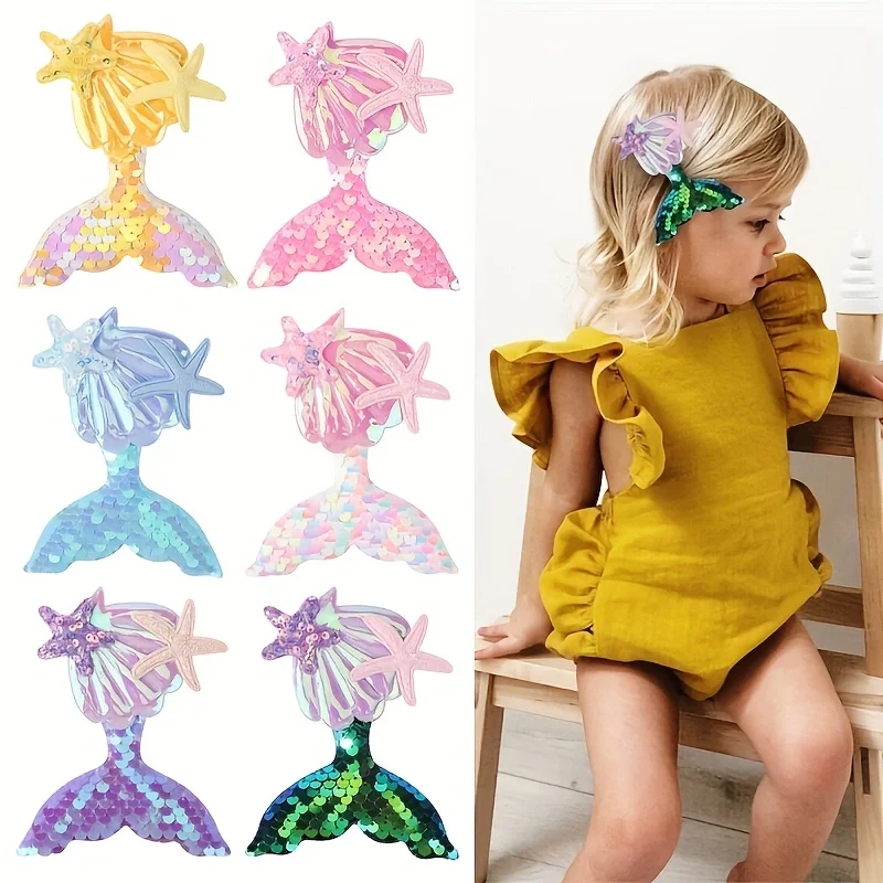 

6Pcs/Set Shinying Mermaid Hairclips Set for Girls Starfish Hair BB Pins Kids Bangs Decorative Cartoon Barrette Gift