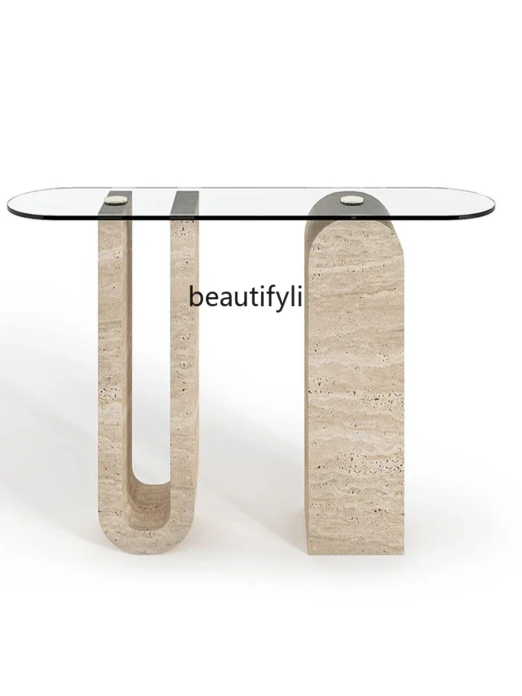 Nordic light luxury natural travertine porch table minimalist model house entrance aisle against the wall simple plan