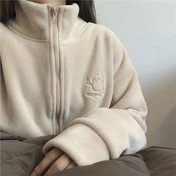 Women Embroidery Zip Up Hoodie Fleece Jacket Thick Warm Winter Plush Zipper Sweatshirt Outwear Hoodies Tops Clothes