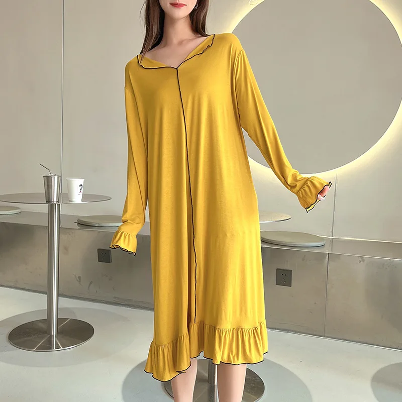 Fdfklak Modal Night Dress Women Lingerie Sexy Sleepwear Spring Summer Long Sleeve Nightgown V-Neck Leisure Girls Nightdress