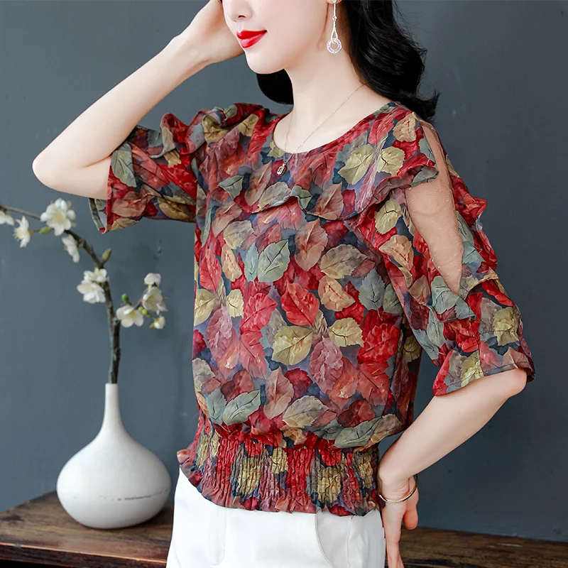 Spring Summer Floral Printed Tops Round Neck Ruffles Casual Tops Women Patchwork Mesh Chiffon Blouse