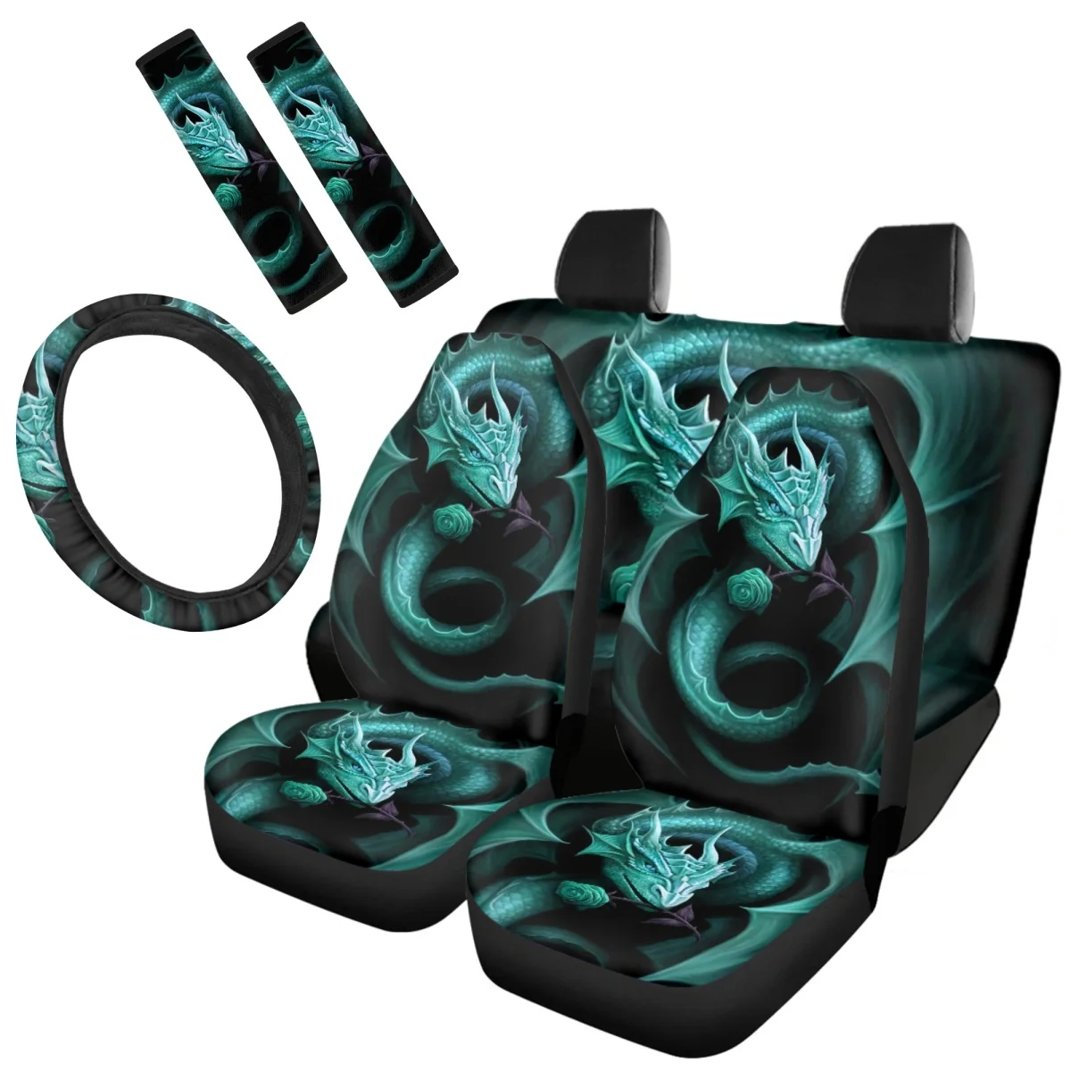 3D Green Dragon Print Car Seat Cushion Cover Gothic Skull Car Steering Wheel Cover Auto Seat Belt Shoulder Protection Easy Clean