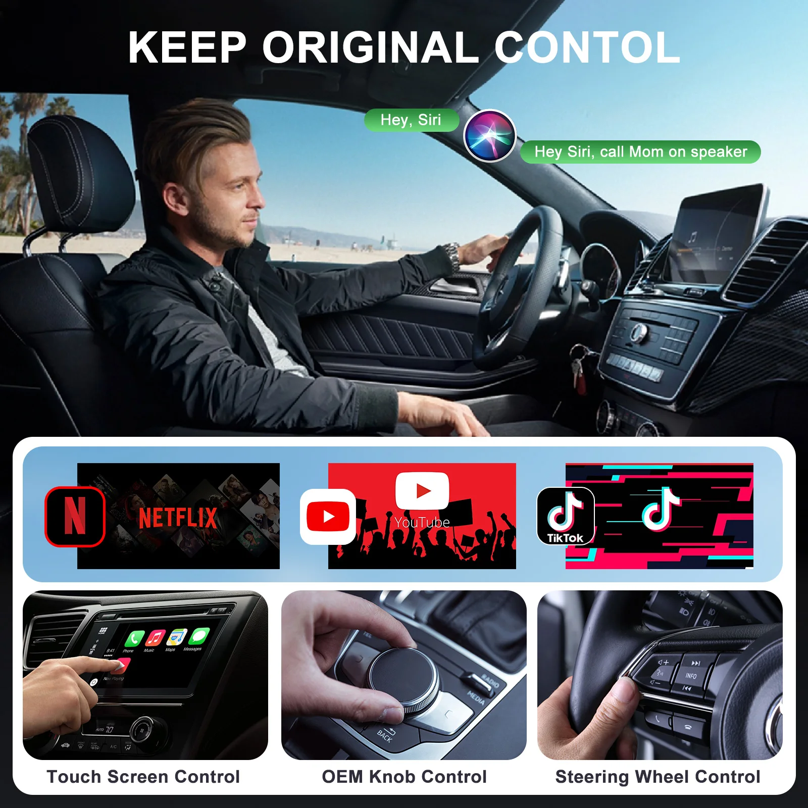 Wireless Video CarPlay Adapter With Netflix/YouTube/Tiktok, For OEM Wired CarPlay Cars