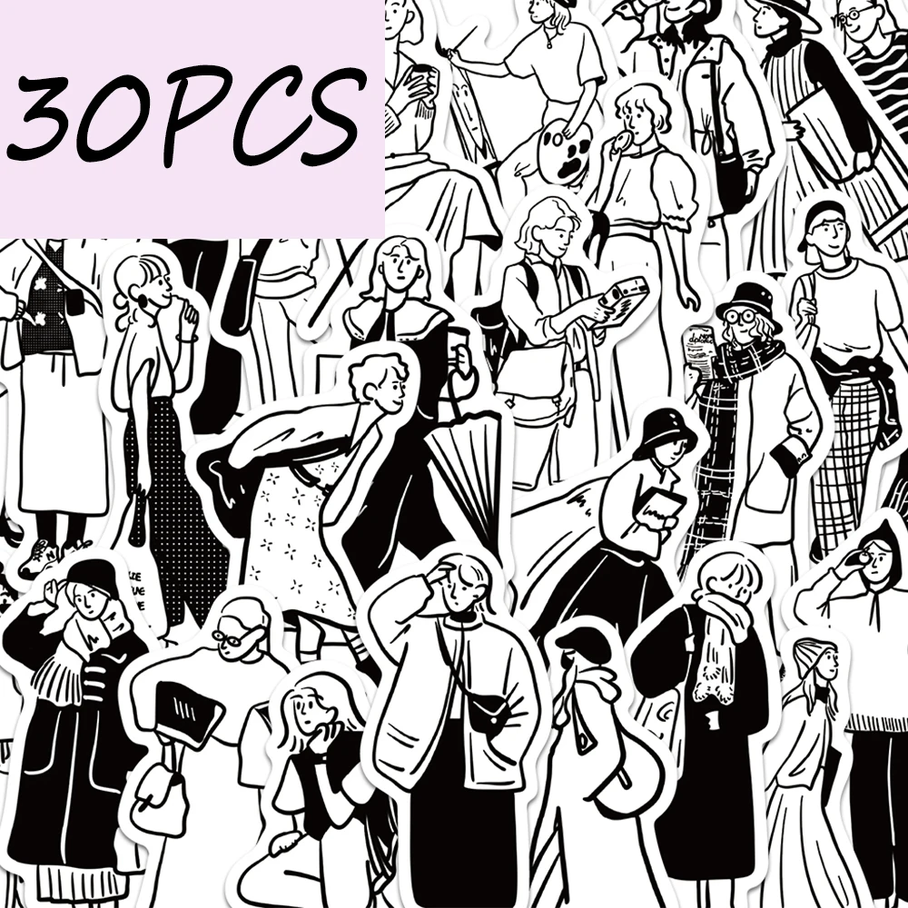 

30 шт. минималистичных наклеек с персонажами, подходящих для украшения багажа, чехлов для телефонов, блокнотов, водонепроницаемые наклейки.