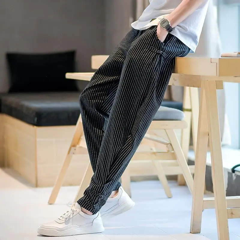 2024 New Summer Korean Edition Handsome and Fashionable High Waist Pocket Striped Print Loose Oversized Strap Casual Pants