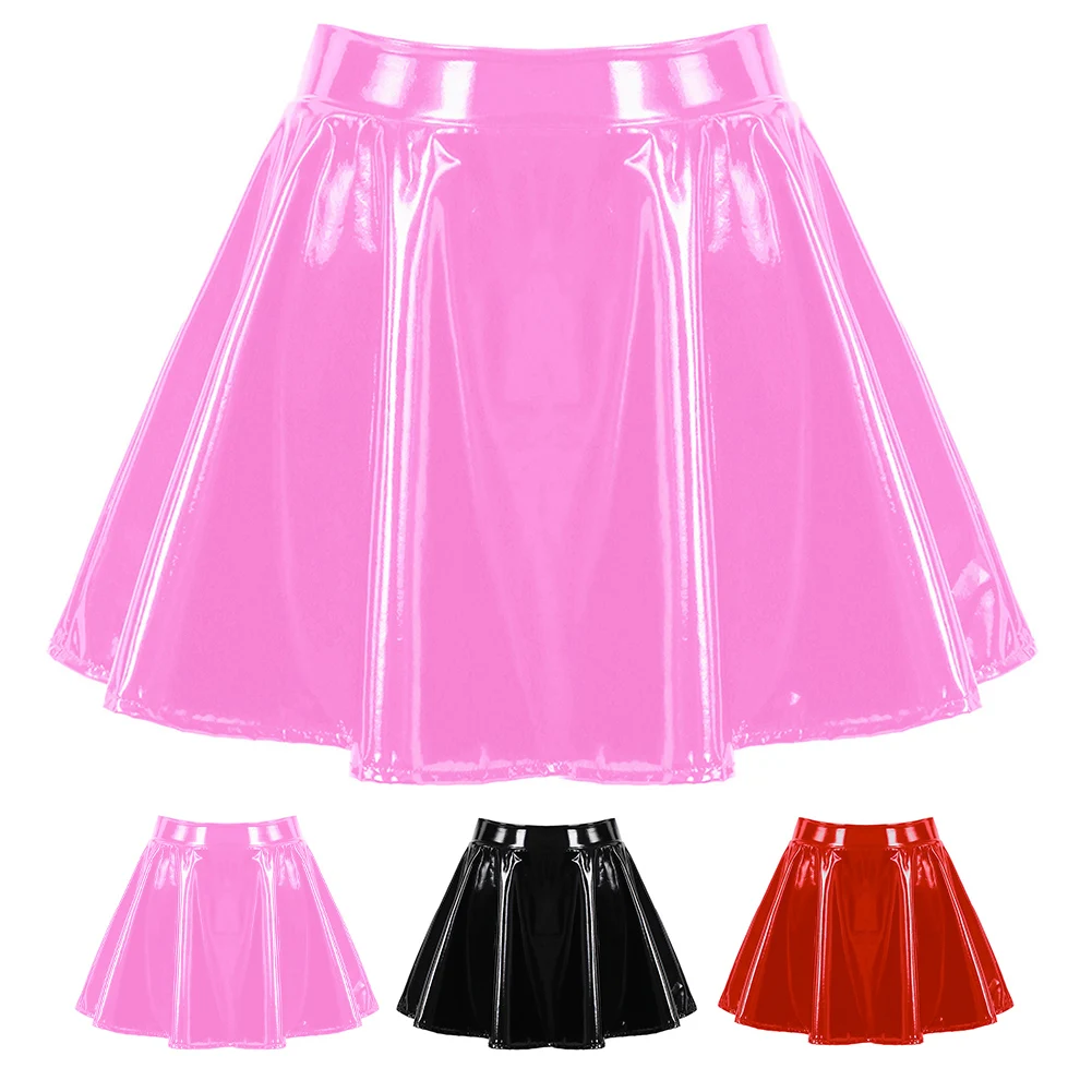 Women's Sexy Glossy short skirt Patent Leather Flared Miniskirt Dance-Performance A-Line Skirt Imitation Leather Pleated Skirt