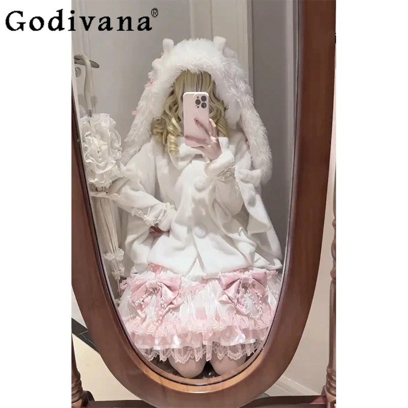 

Fluffy Rabbit Ears Bowknot Capes for Women Sweet Cute Autumn Winter Coat Female Japanese Style Lolita Short Ponchos