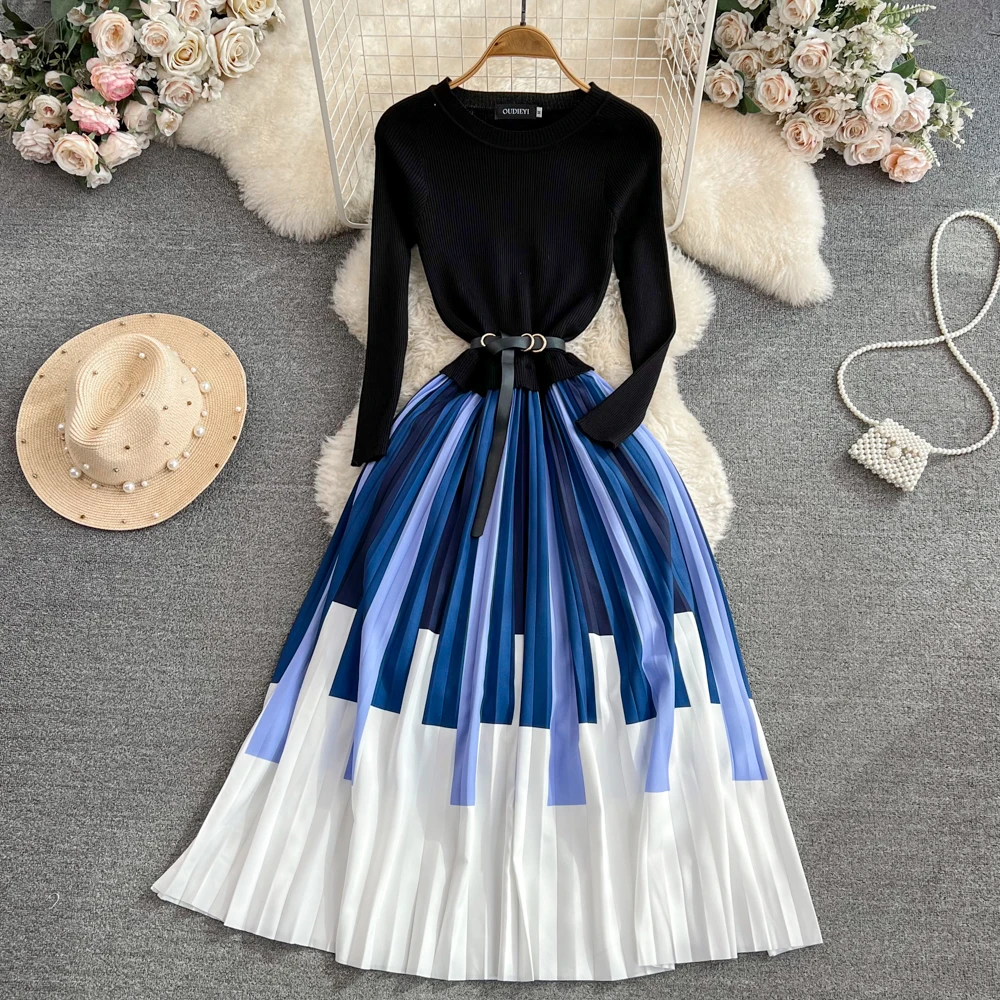 

Женское винтажное плиссированное платье, длинное трикотажное облегающее платье-трапеция составного кроя с круглым вырезом и длинным рукавом, осень 2019