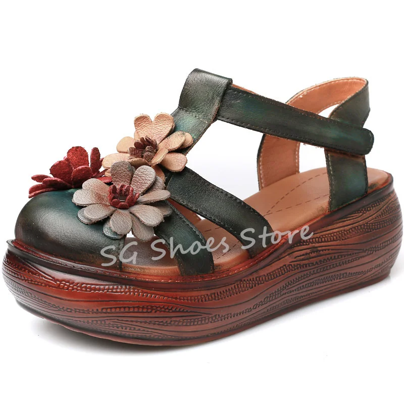 

Ethnic Style Mixed Color Flowers Decor Women Sandals Handmade Round Toe Wedges Leather Shoes Ladies Chunky Bottom Mary Janes