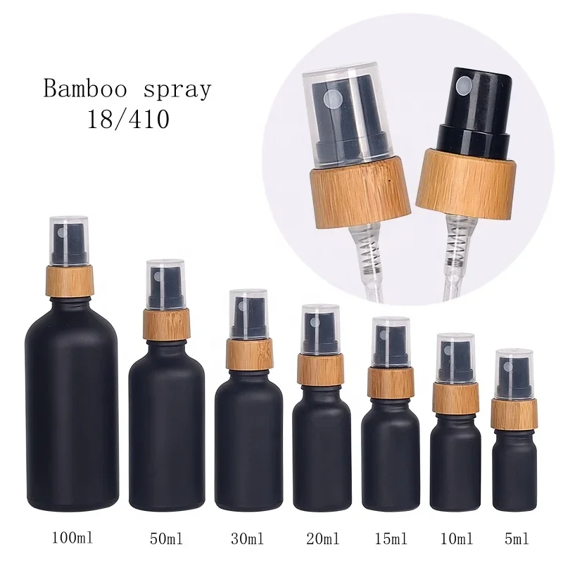 100pcs 50 ml matte black glass bottle cosmetic spray bottle serum bottle black glass with 18/410 bamboo spray pump for skin care