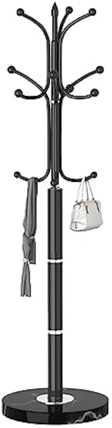 

Modern Freestanding Coat Rack with Marble Base, 12 Hooks for Entryway Hallway Office - Black